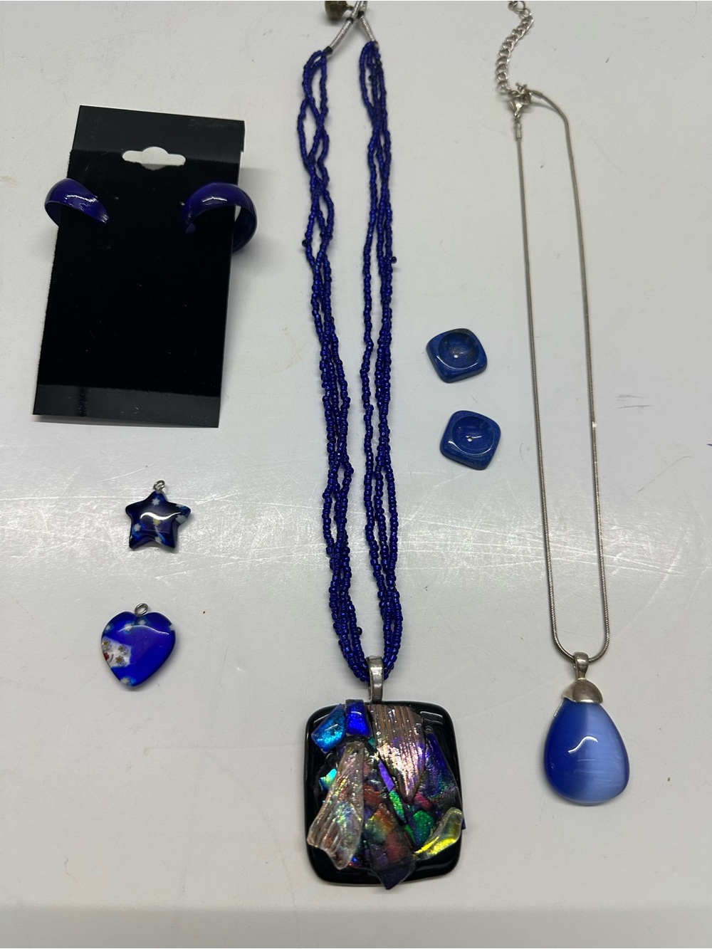 Vintage Blue Multi-Bead Statement Necklace with Dichroic Pendant